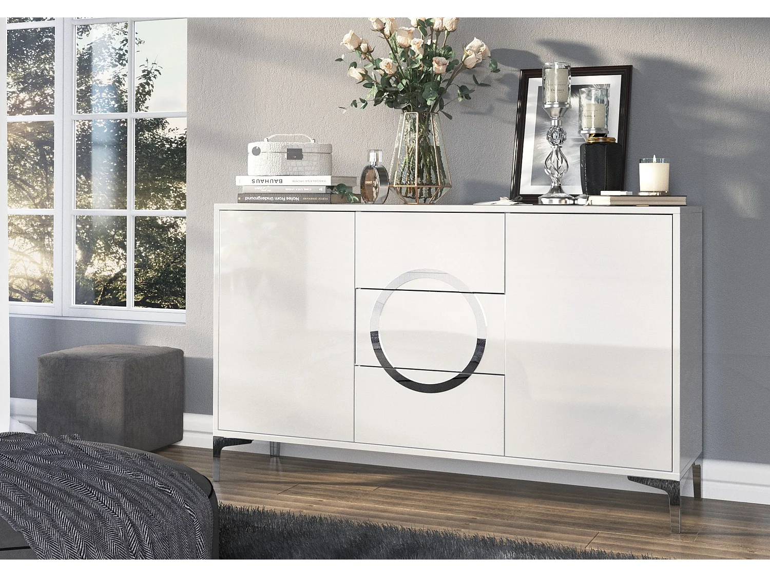 Sideboard Eva, Weiß, Silberne Akzente, Hochglanz