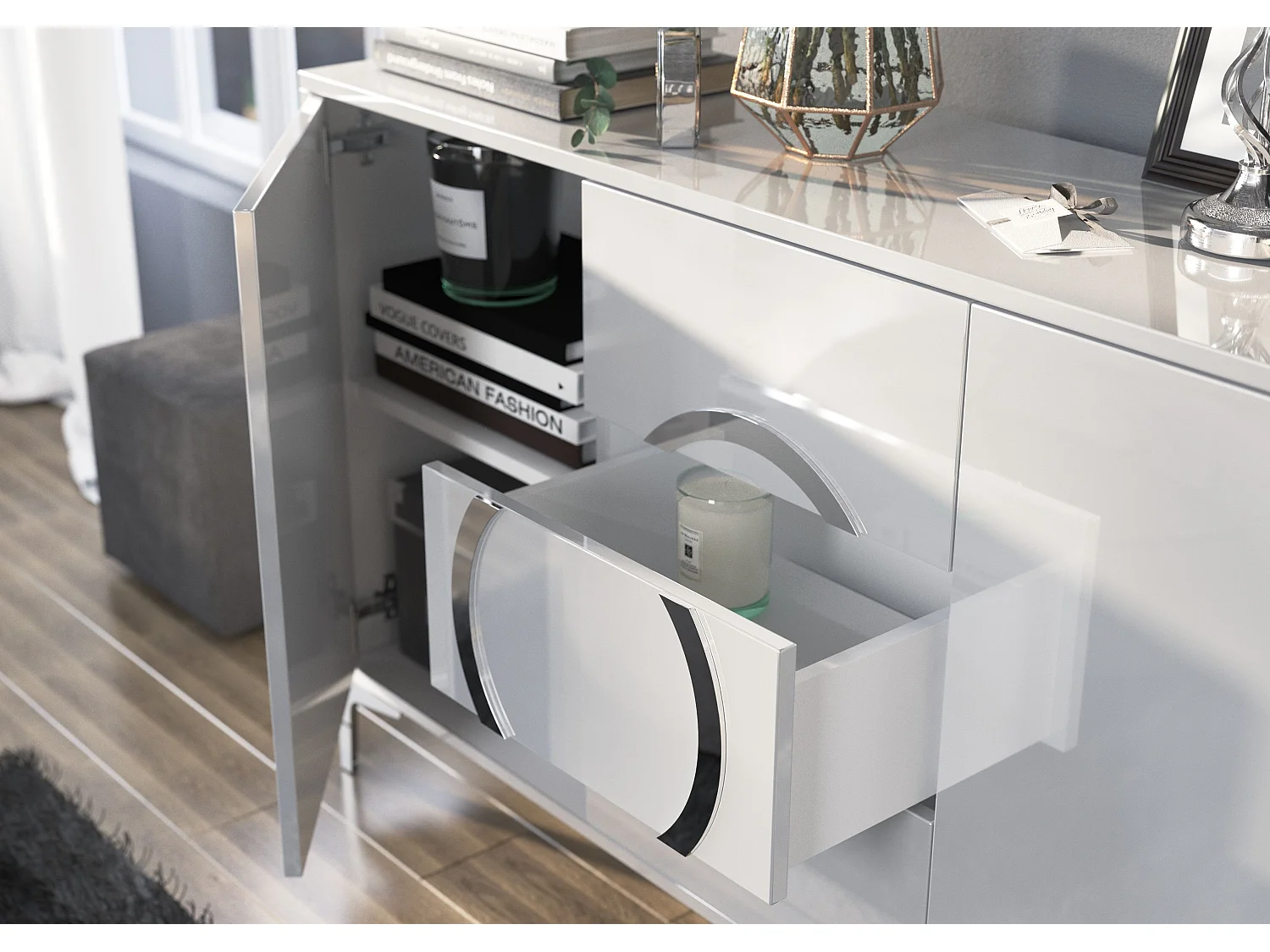 Sideboard Eva, Weiß, Silberne Akzente, Hochglanz