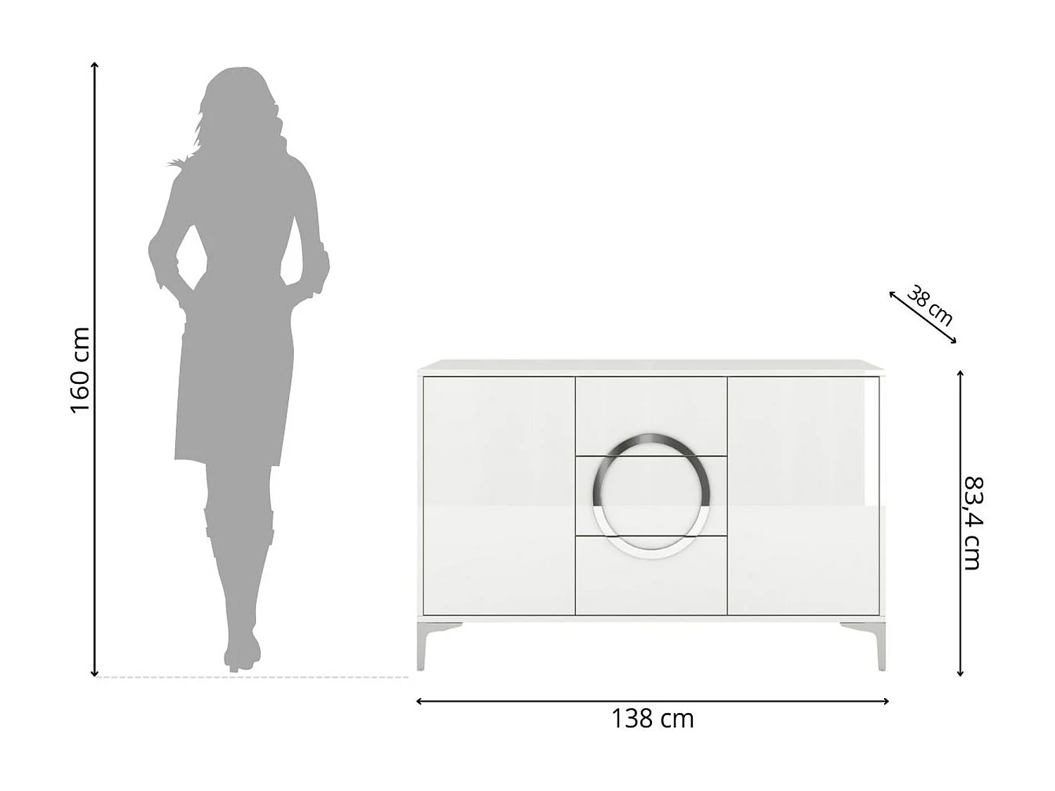 Sideboard Eva, Weiß, Silberne Akzente, Hochglanz
