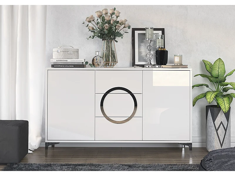 Sideboard Eva, Weiß, Silberne Akzente, Hochglanz