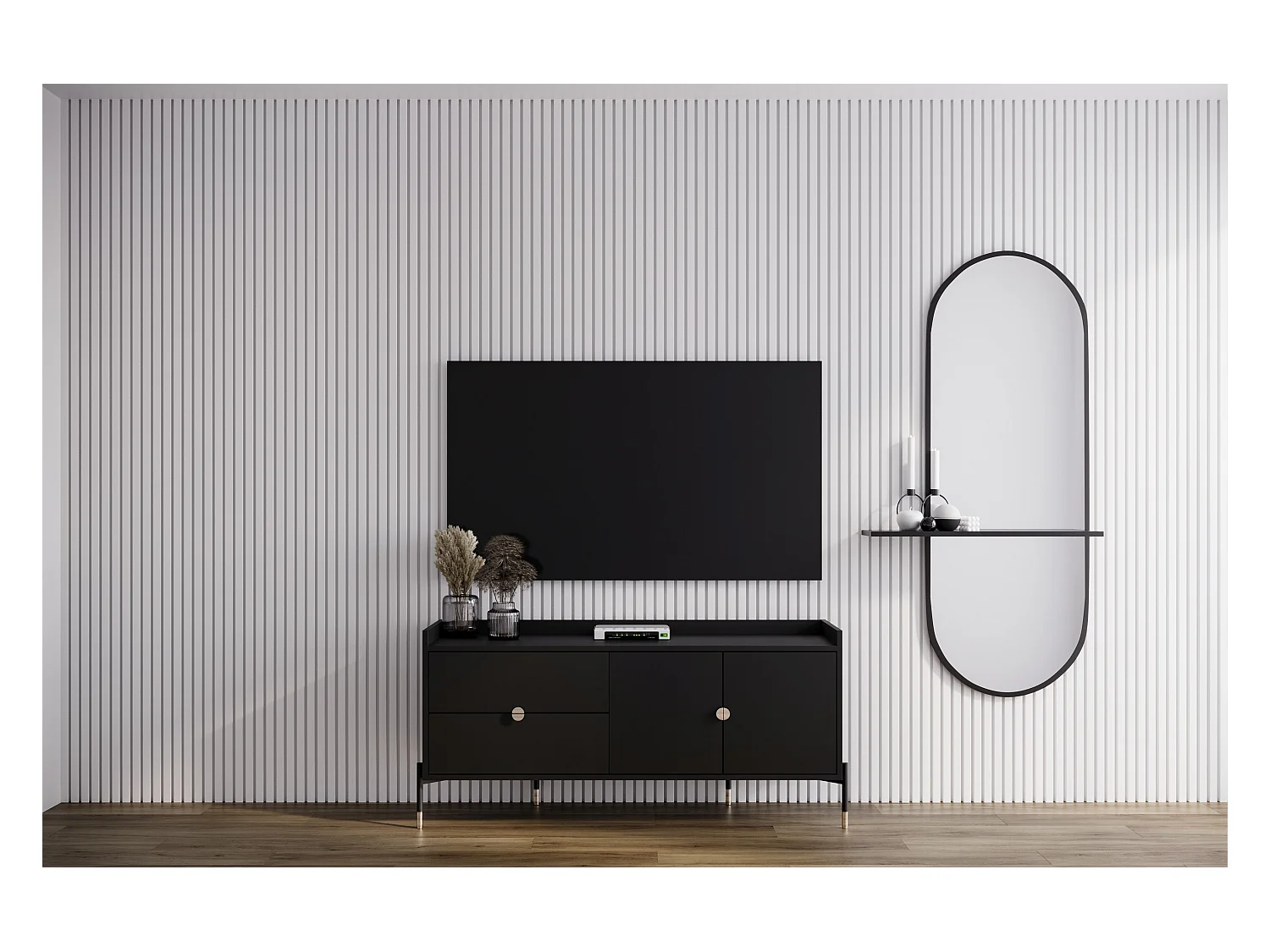 Schwarze Kommode IGA im modernen Design von 142 cm mit geräumigen Schubladen und geschlossenem Regal