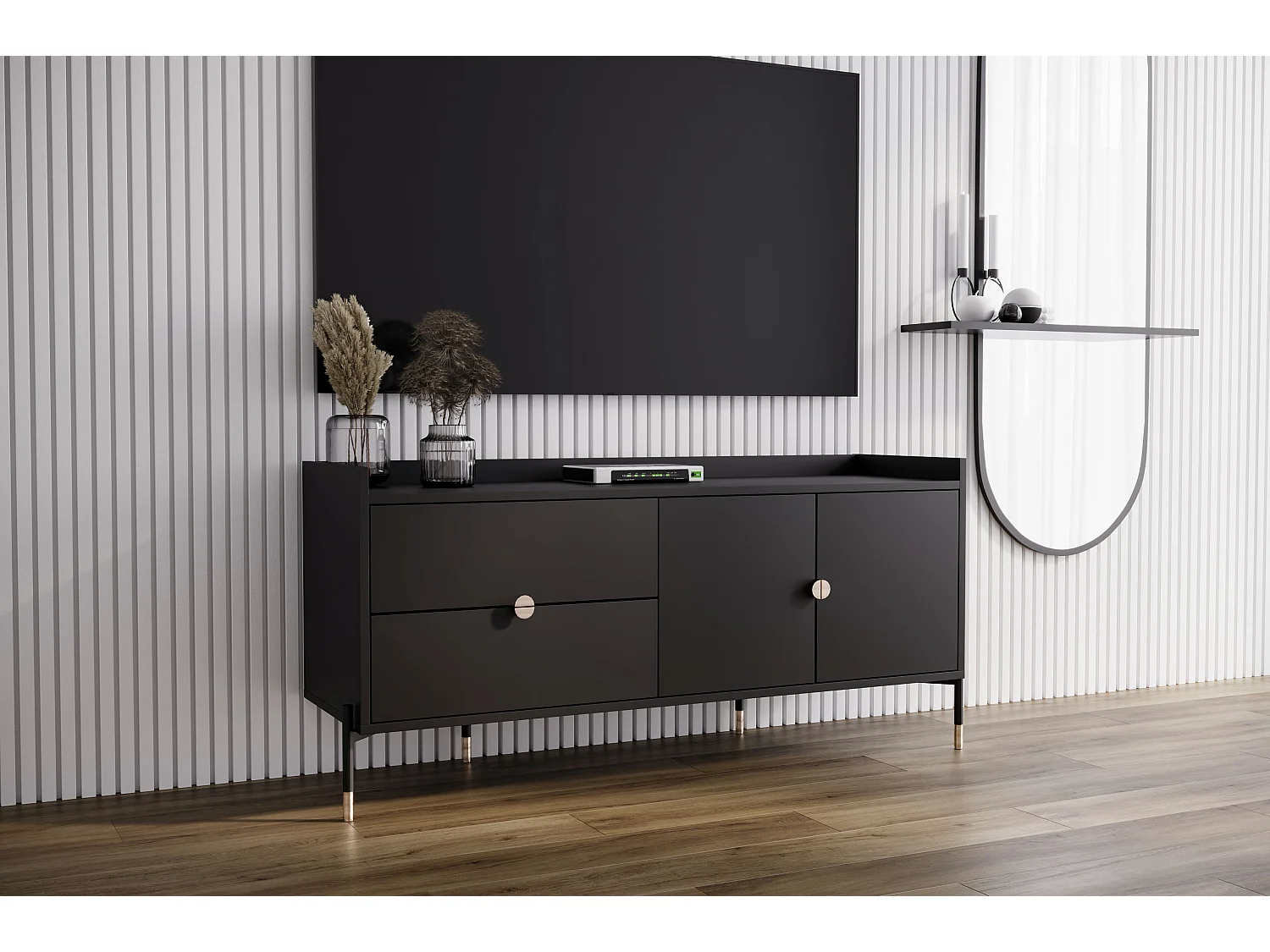 Schwarze Kommode IGA im modernen Design von 142 cm mit geräumigen Schubladen und geschlossenem Regal