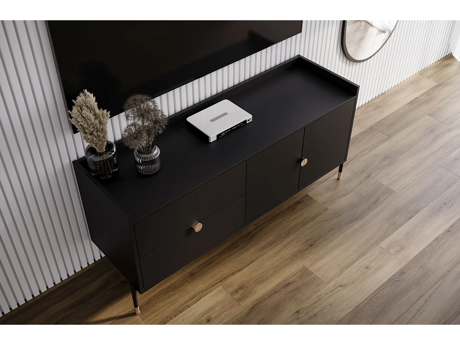 Schwarze Kommode IGA im modernen Design von 142 cm mit geräumigen Schubladen und geschlossenem Regal