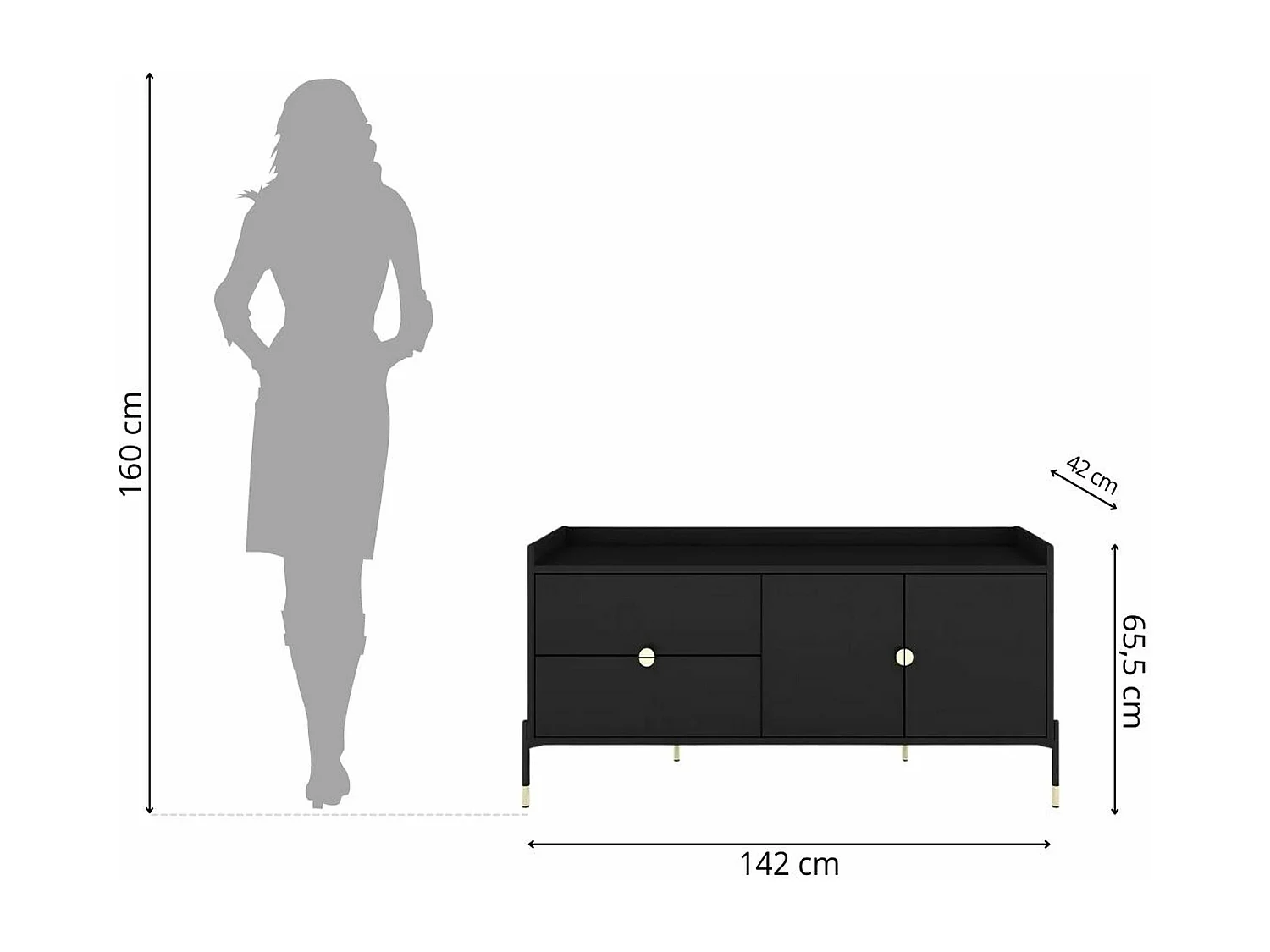 Schwarze Kommode IGA im modernen Design von 142 cm mit geräumigen Schubladen und geschlossenem Regal