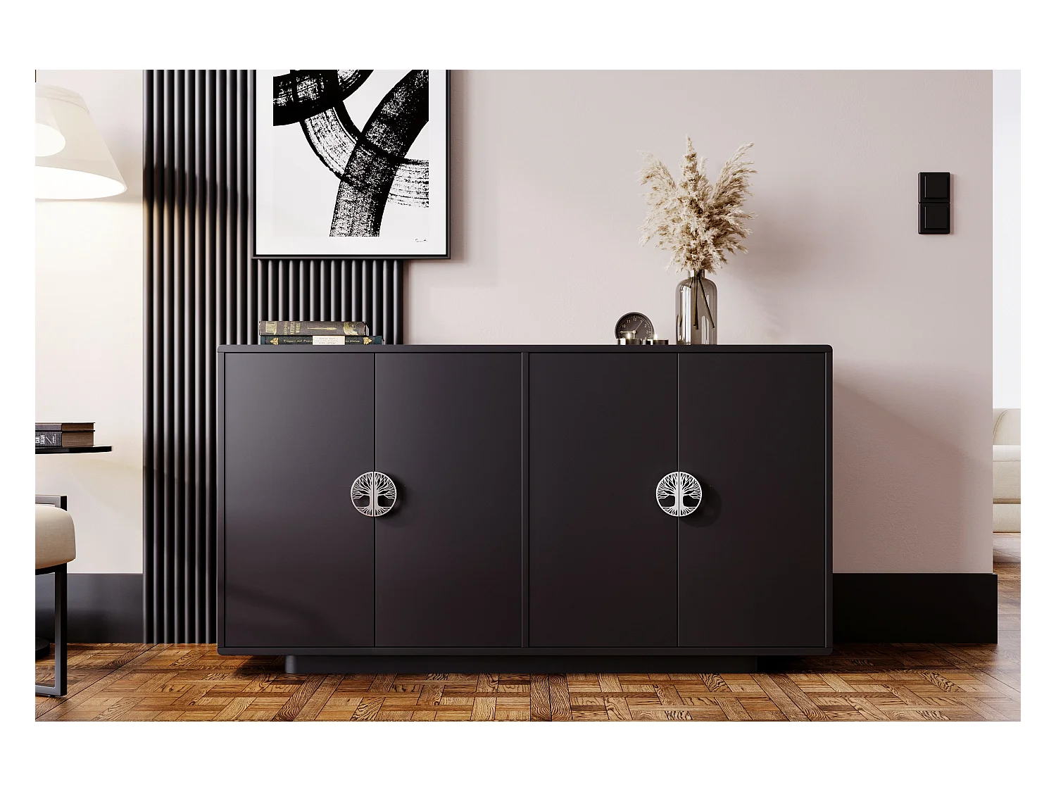 Sideboard Lotta, schwarz, silberne griffen, abgerundete kanten