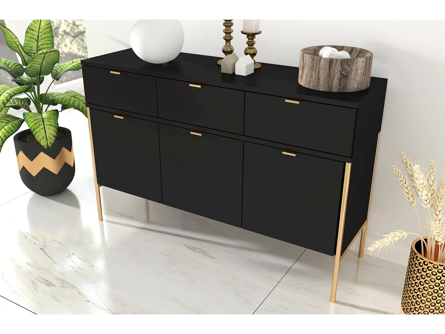 Czarna komoda Skandica POLKA na złotych nóżkach