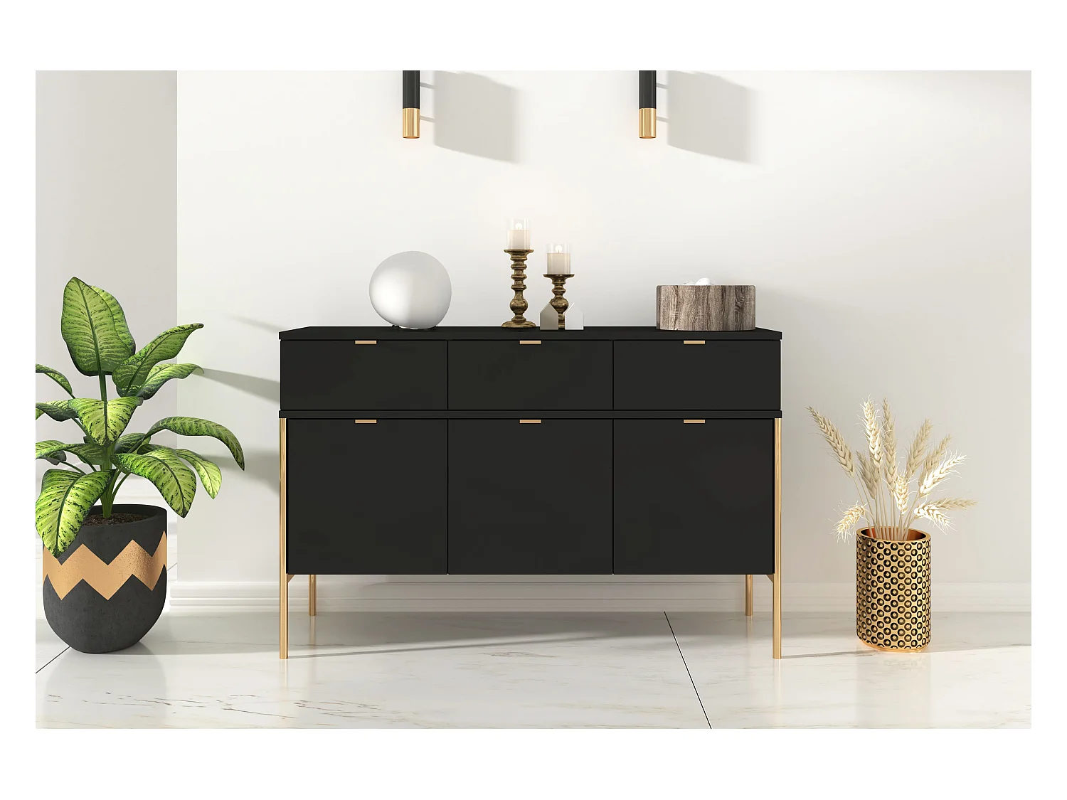 Élégante Buffet noire POLKA sur pieds dorés / 120 cm