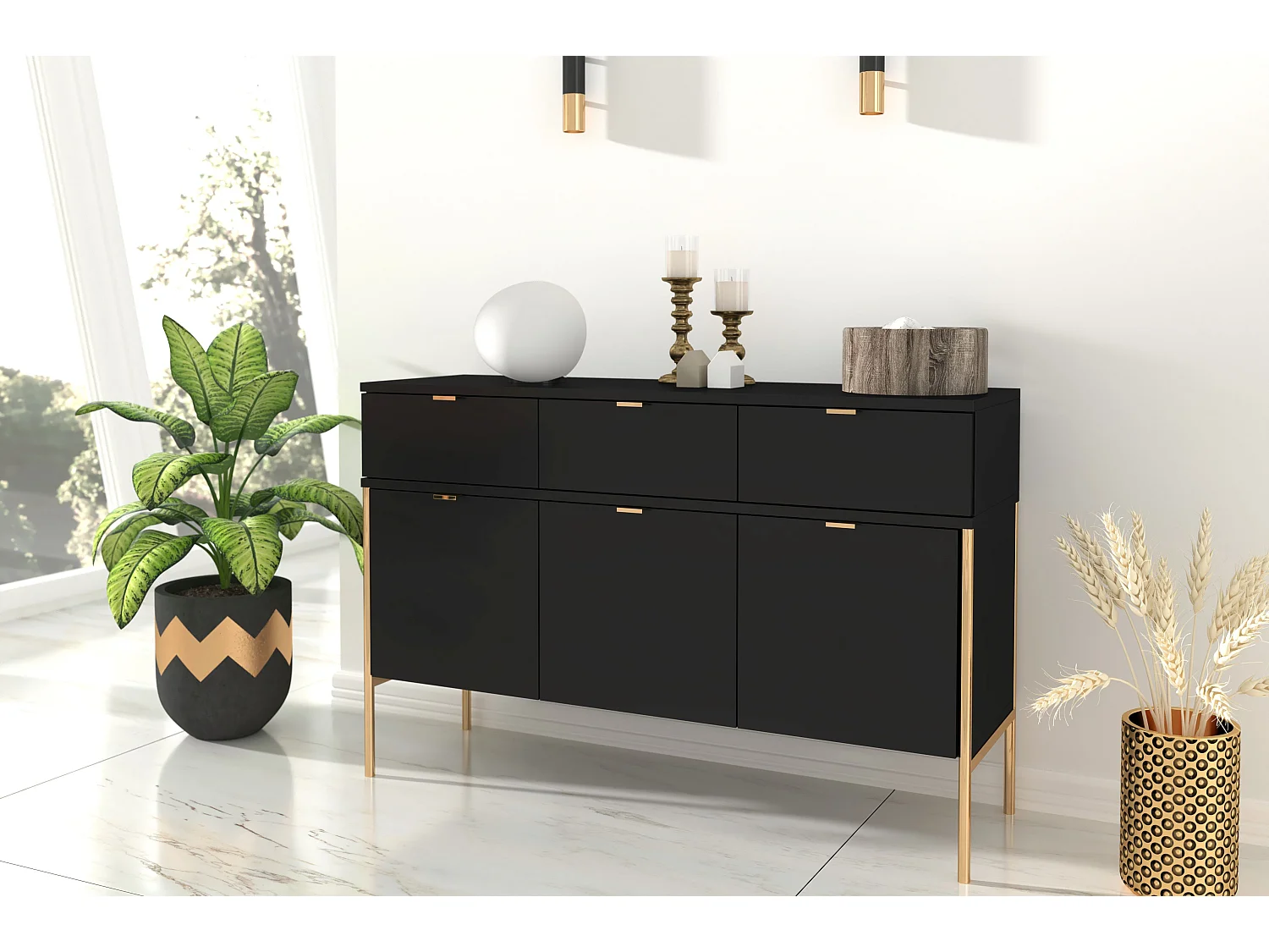 Sideboard Polka, schwarz, goldene details