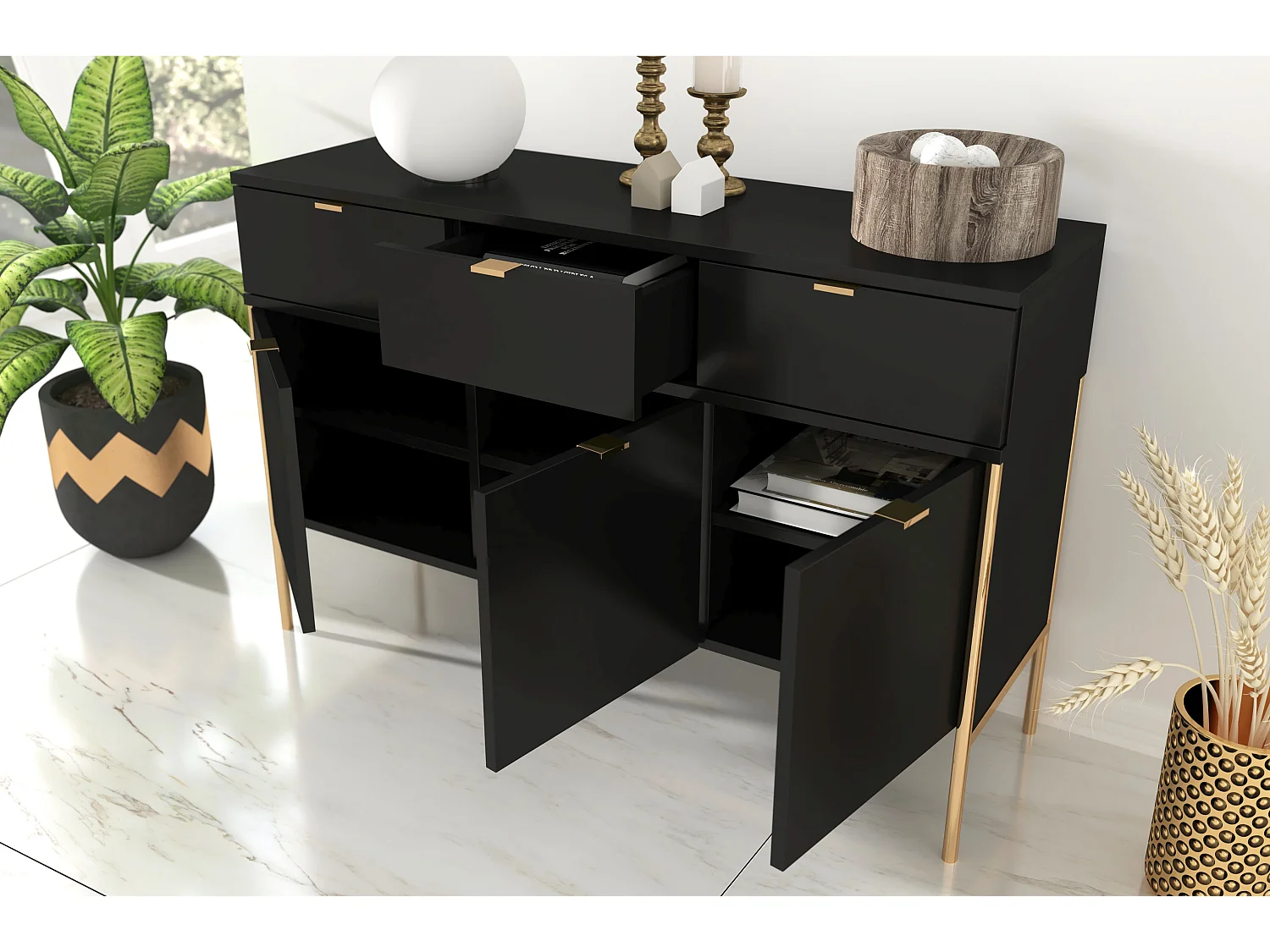 Sideboard Polka, schwarz, goldene details