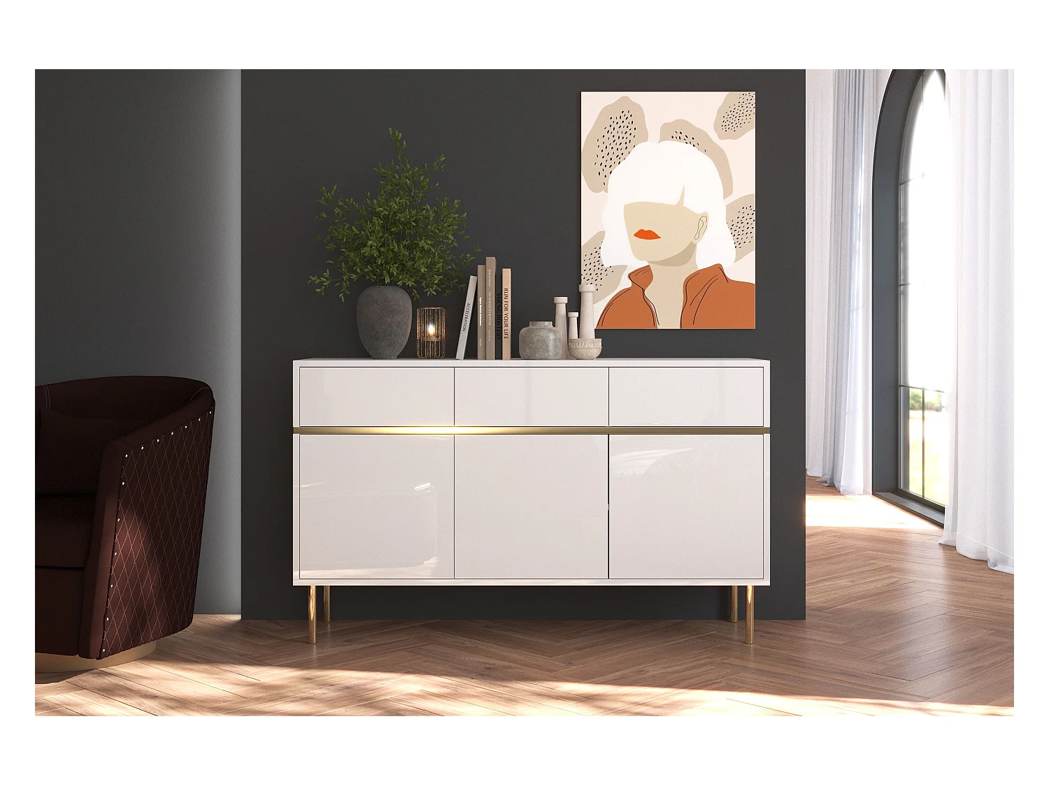 Sideboard Marika, weiß, gold, hochglanz