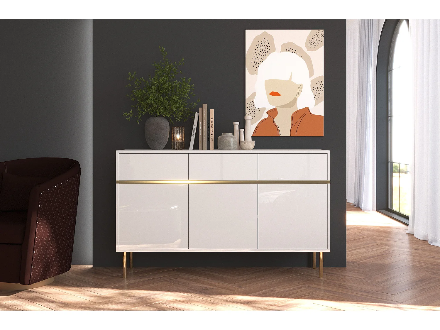 Buffet élégante blanche MARIKA avec des accents dorés / 137,5 cm
