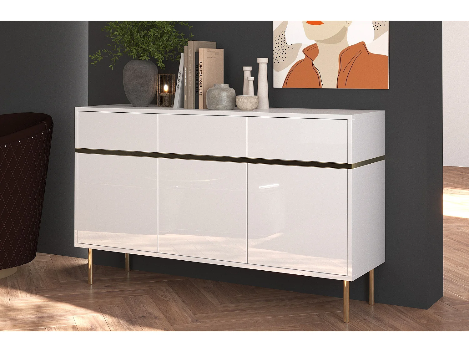 Buffet élégante blanche MARIKA avec des accents dorés / 137,5 cm