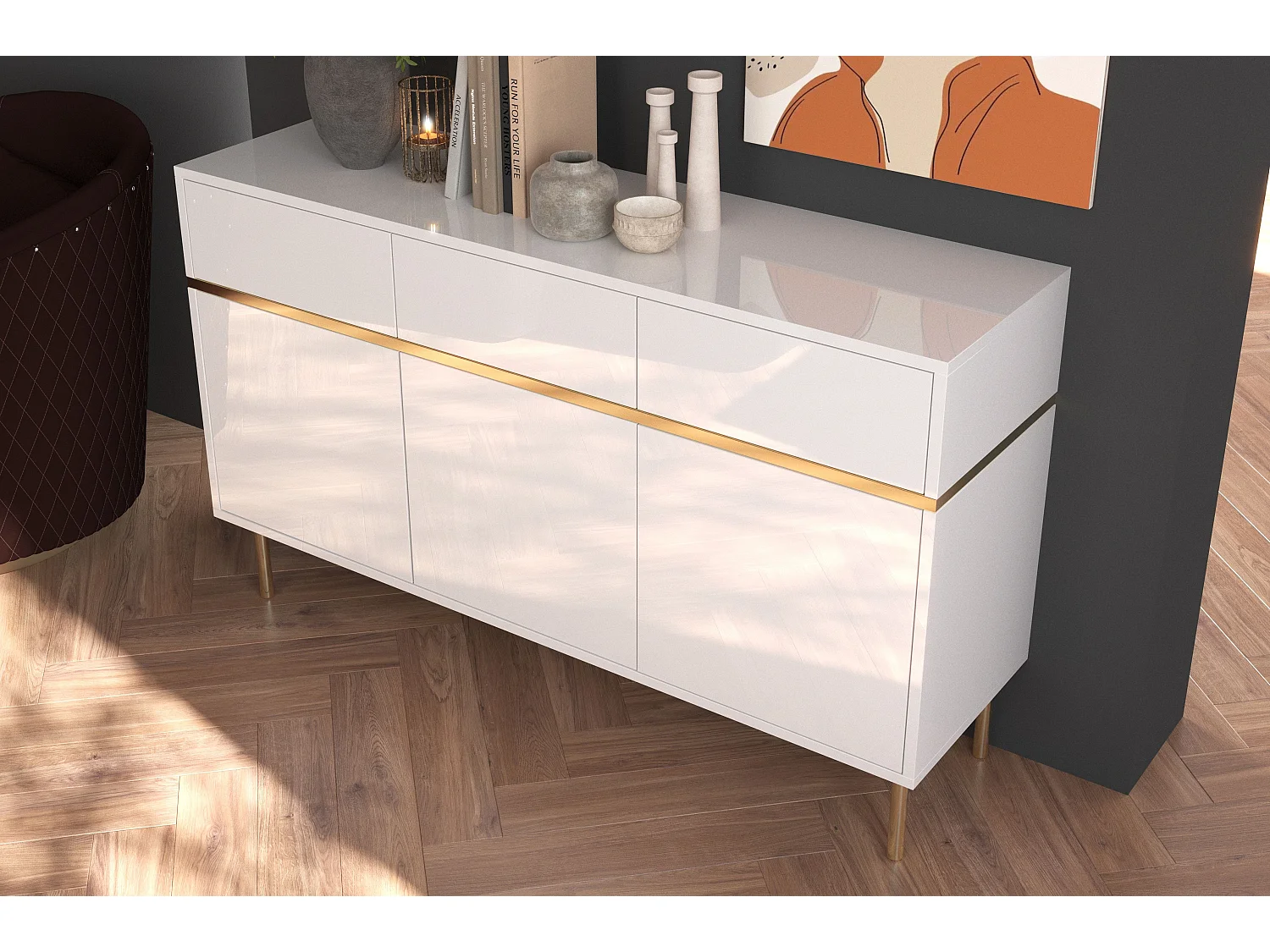 Buffet élégante blanche MARIKA avec des accents dorés / 137,5 cm