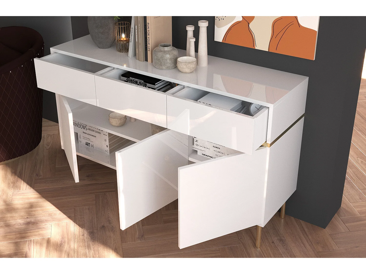 Buffet élégante blanche MARIKA avec des accents dorés / 137,5 cm