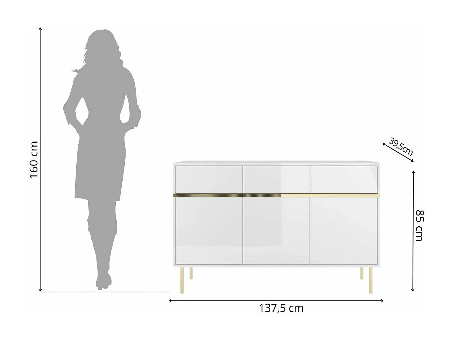 Buffet élégante blanche MARIKA avec des accents dorés / 137,5 cm