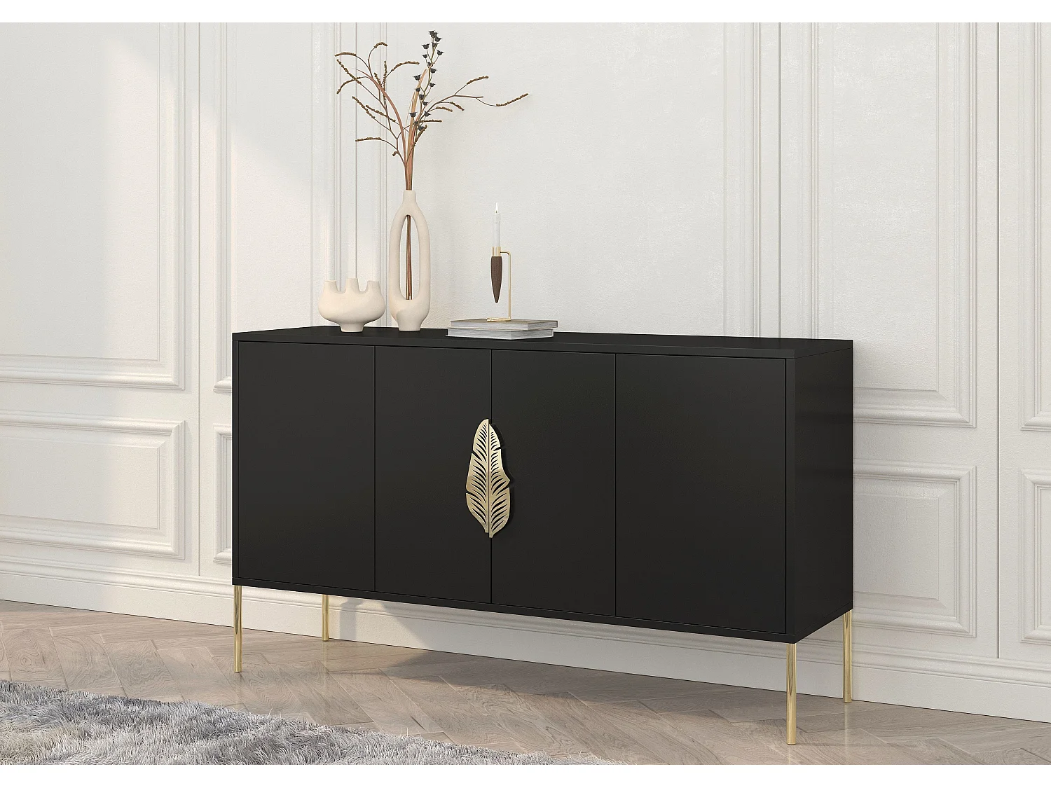 Buffet noire MERLIN avec des accents dorés / 138 cm