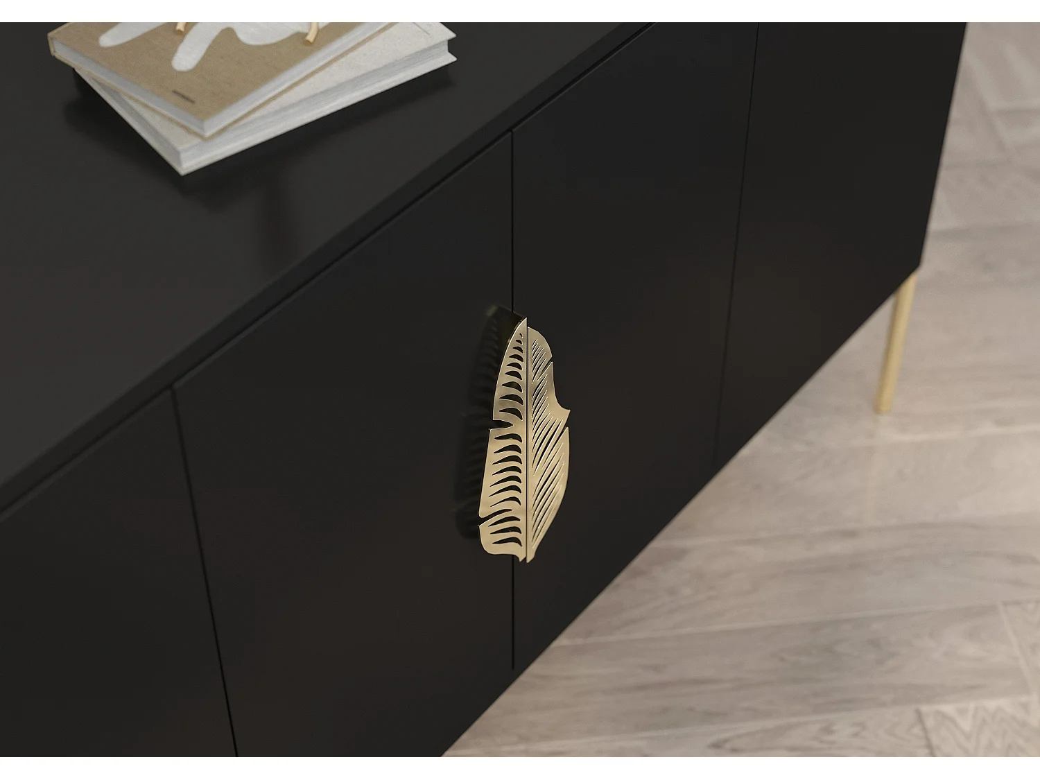 Buffet noire MERLIN avec des accents dorés / 138 cm