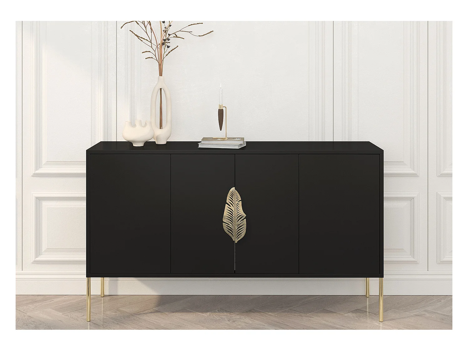 Buffet noire MERLIN avec des accents dorés / 138 cm