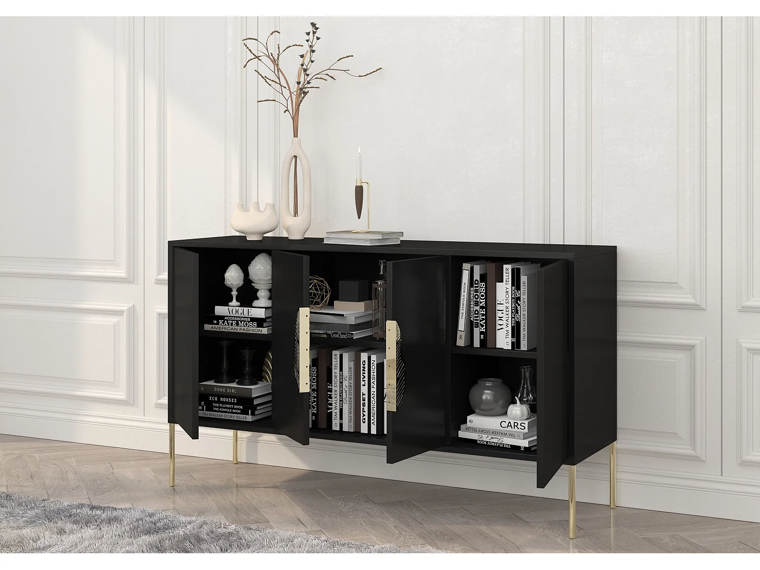 Sideboard Merlin, schwarz, goldene details
