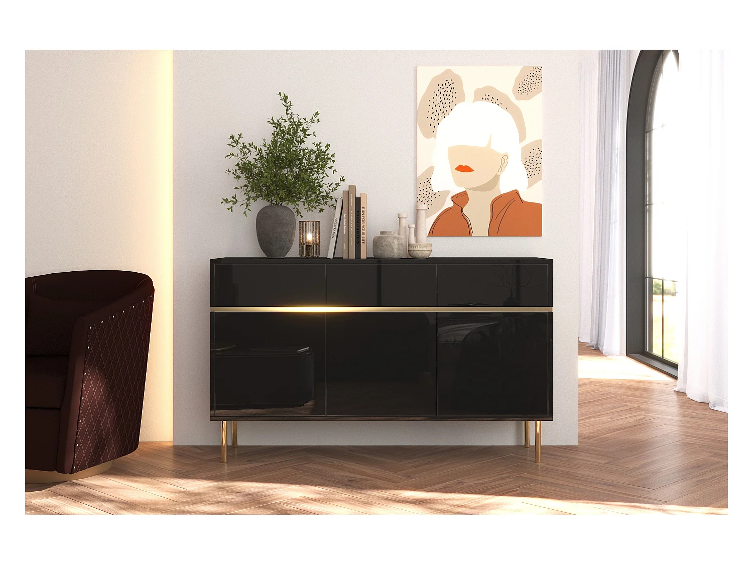 Sideboard Marika, schwarz, gold, hochglanz