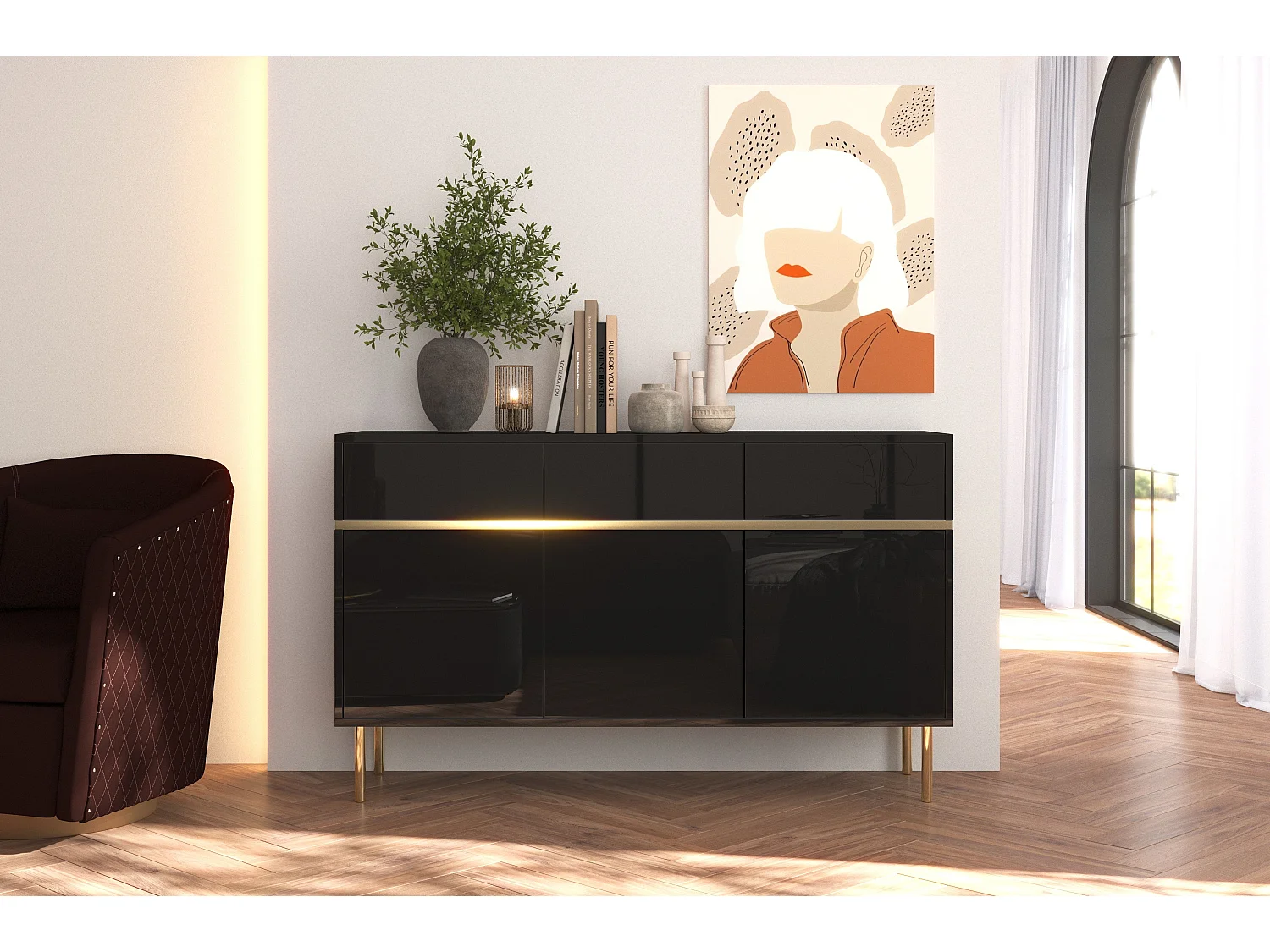 Buffet élégante noire MARIKA avec des accents dorés / 137,5 cm