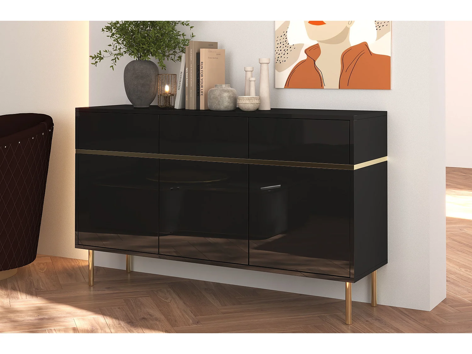 Buffet élégante noire MARIKA avec des accents dorés / 137,5 cm