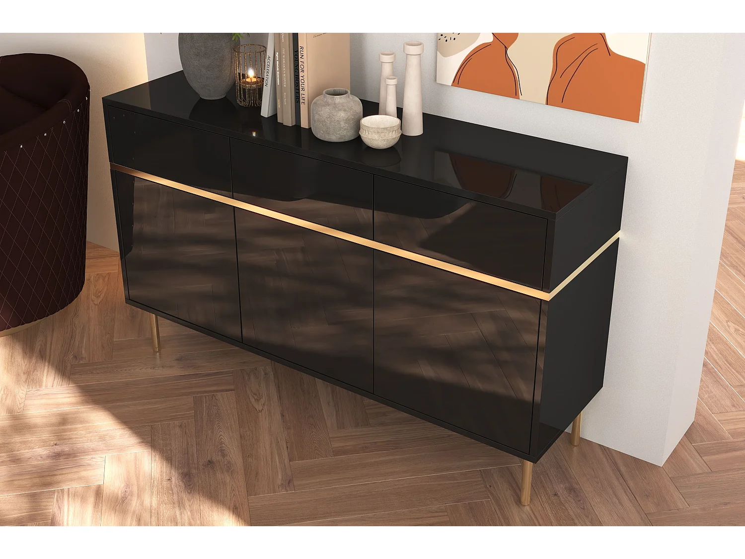 Buffet élégante noire MARIKA avec des accents dorés / 137,5 cm