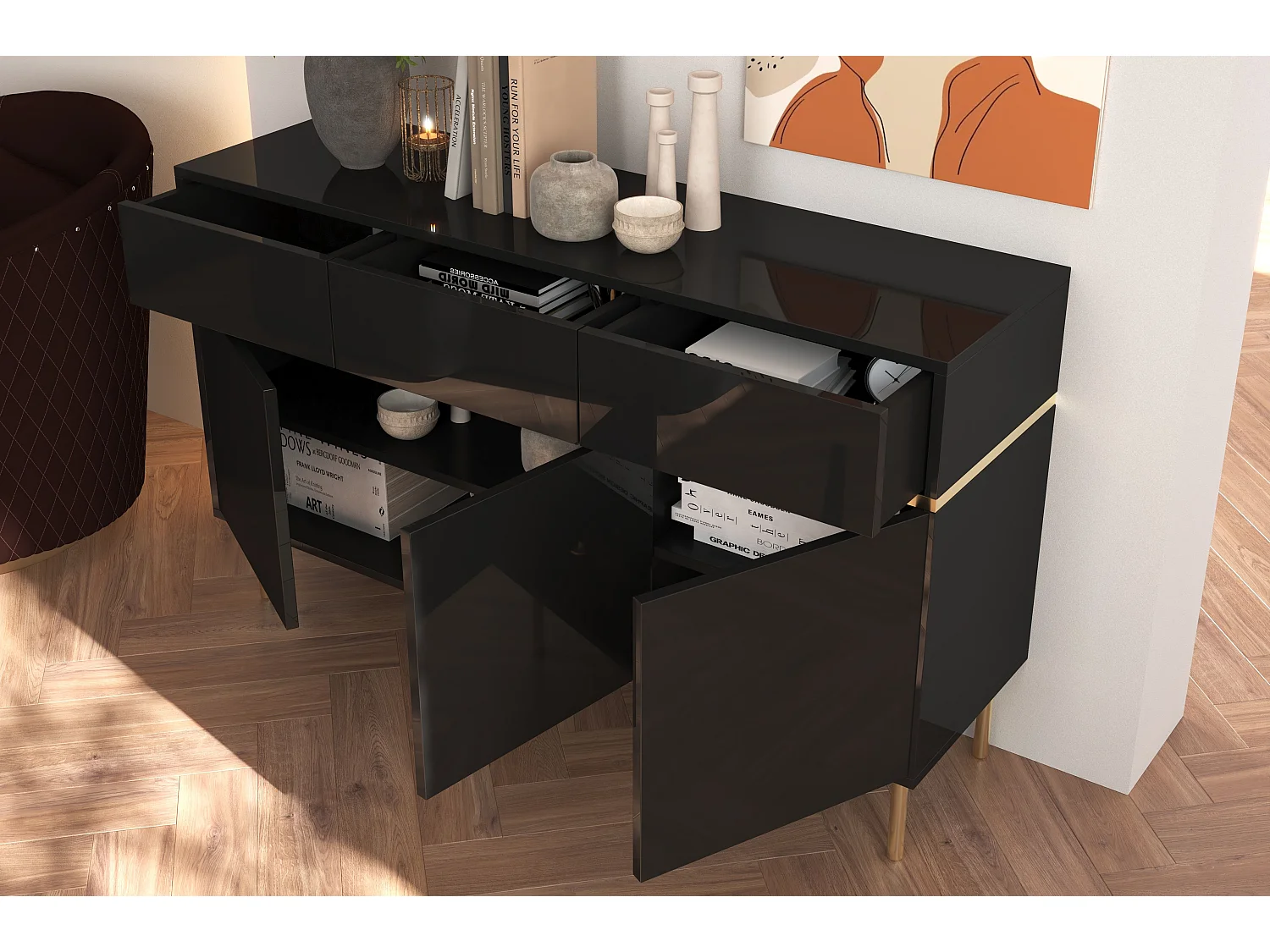 Buffet élégante noire MARIKA avec des accents dorés / 137,5 cm