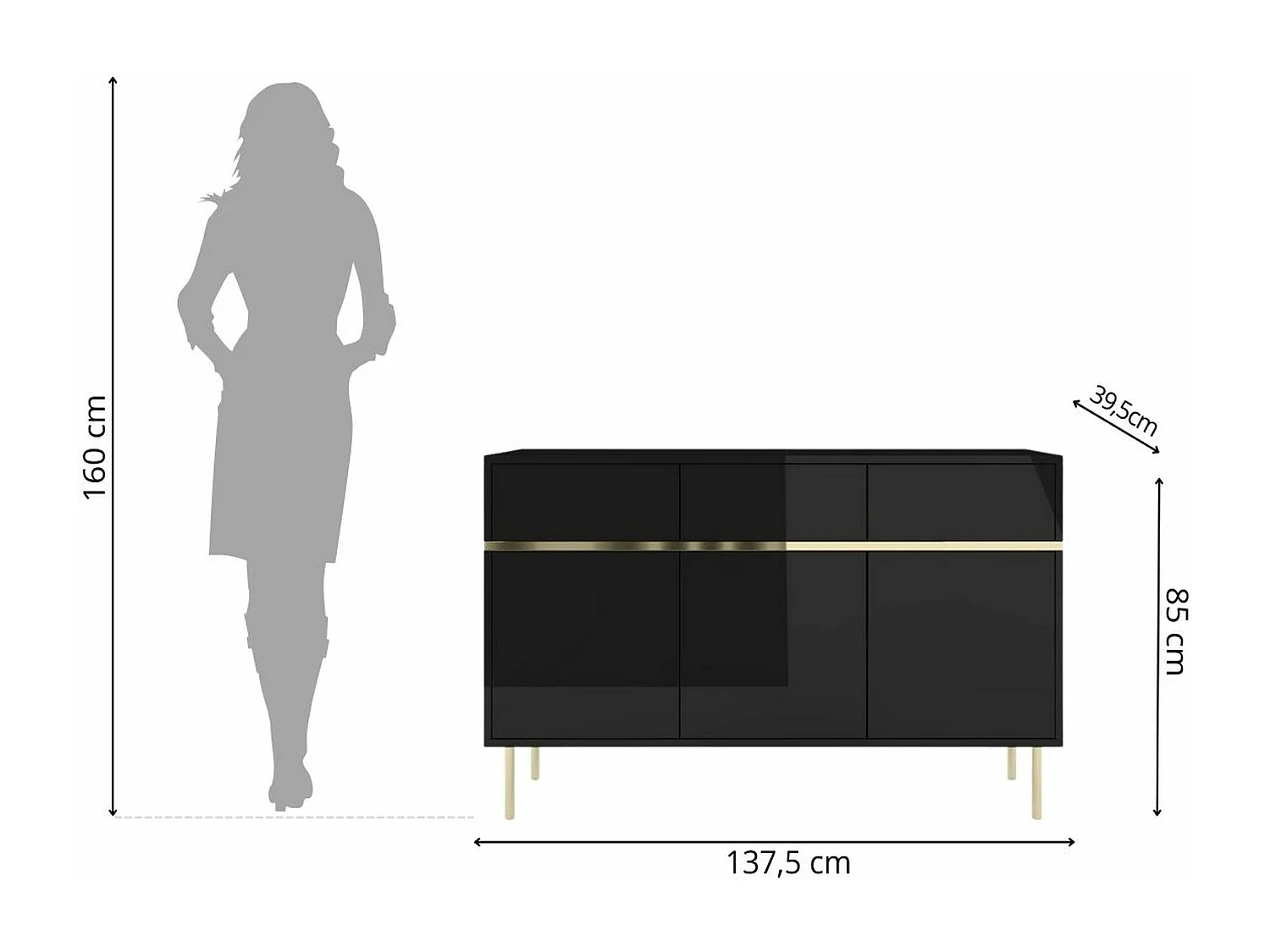 Buffet élégante noire MARIKA avec des accents dorés / 137,5 cm