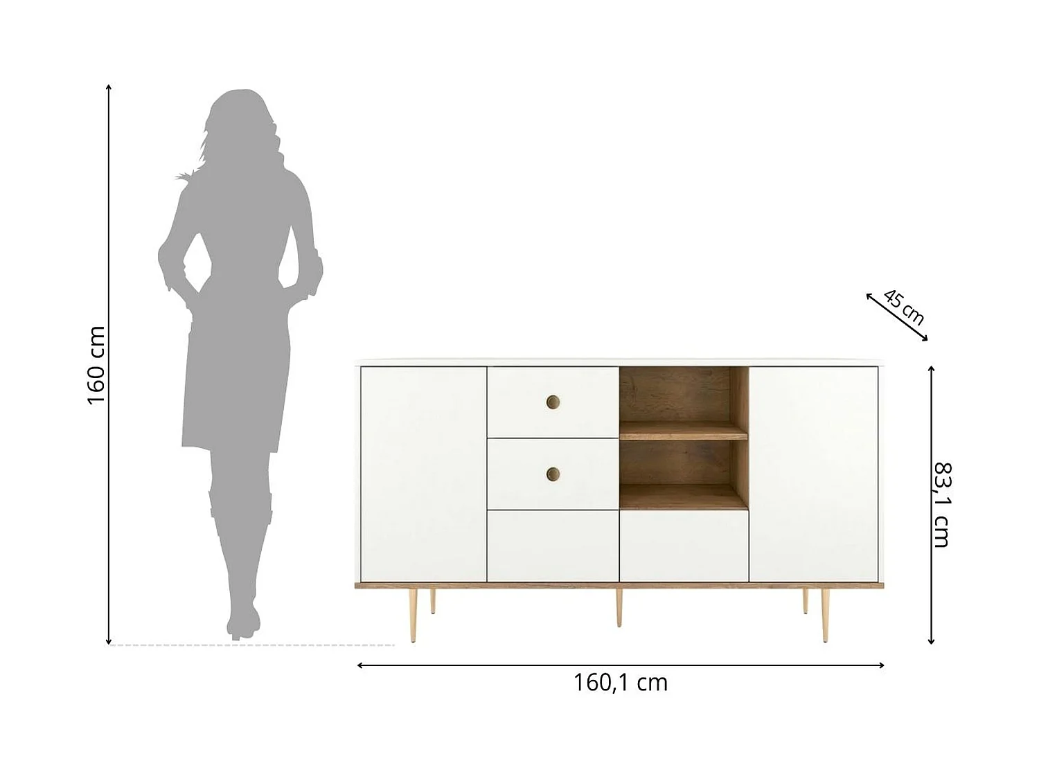 Sideboard Harmoni, weiß, eiche, goldene details