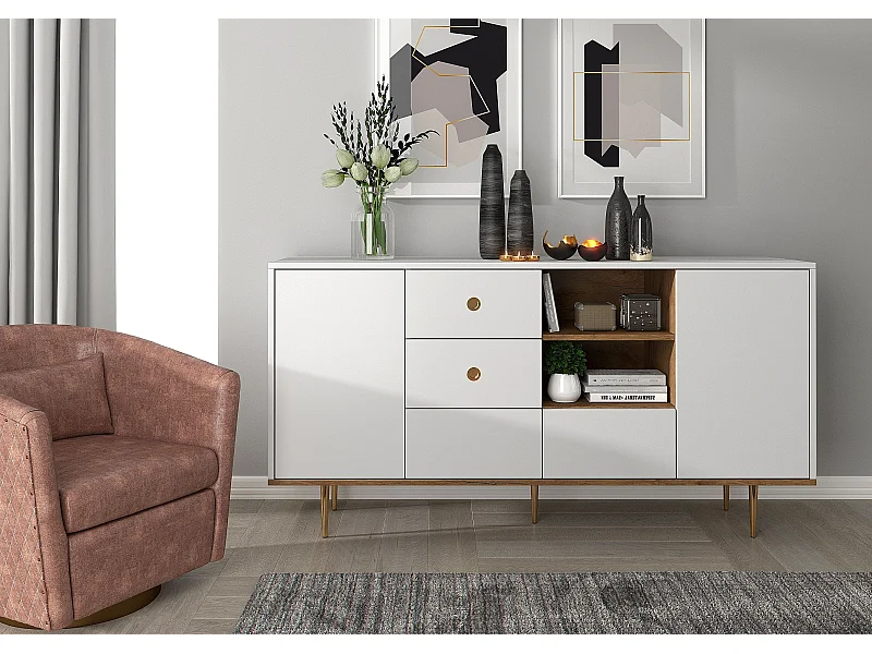 Sideboard Harmoni, weiß, eiche, goldene details
