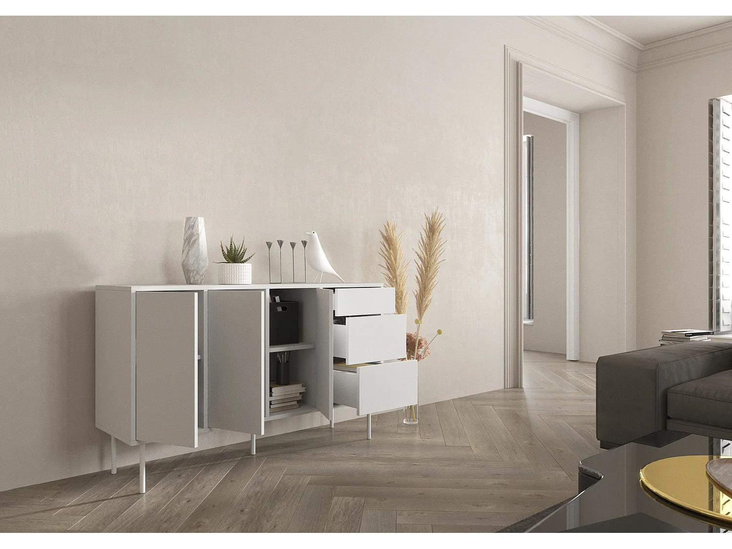 Sideboard Mirka, weiß, push to open system, minimalistisch