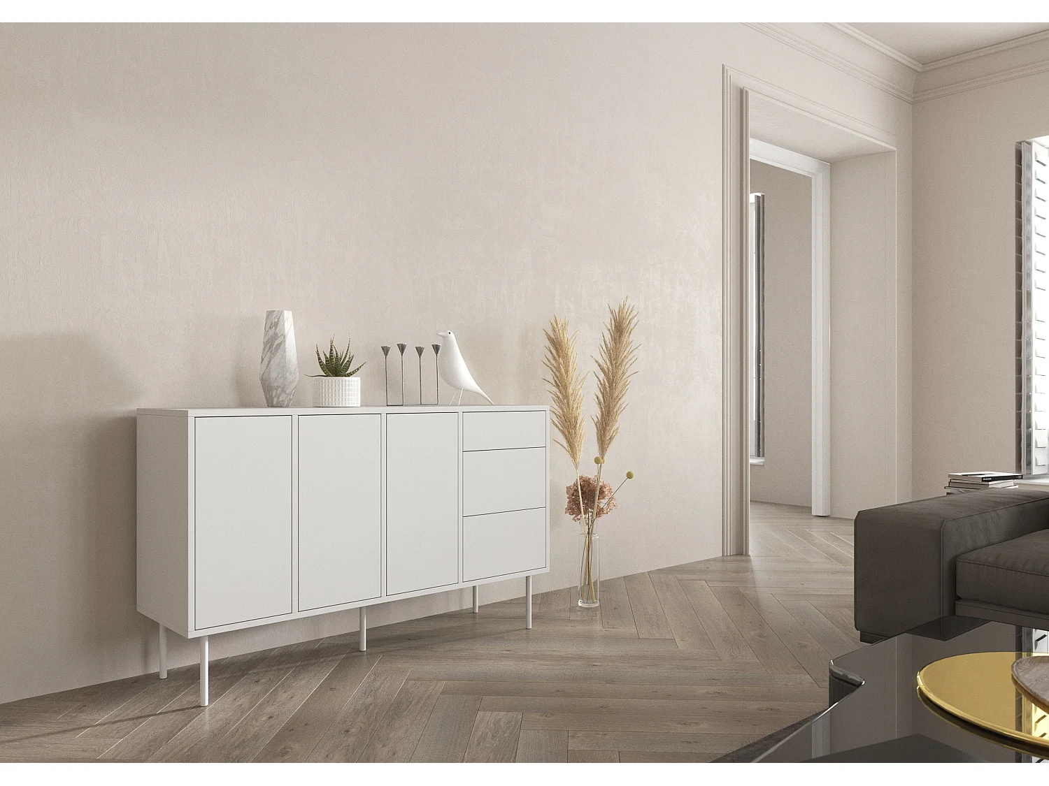 Sideboard Mirka, weiß, push to open system, minimalistisch