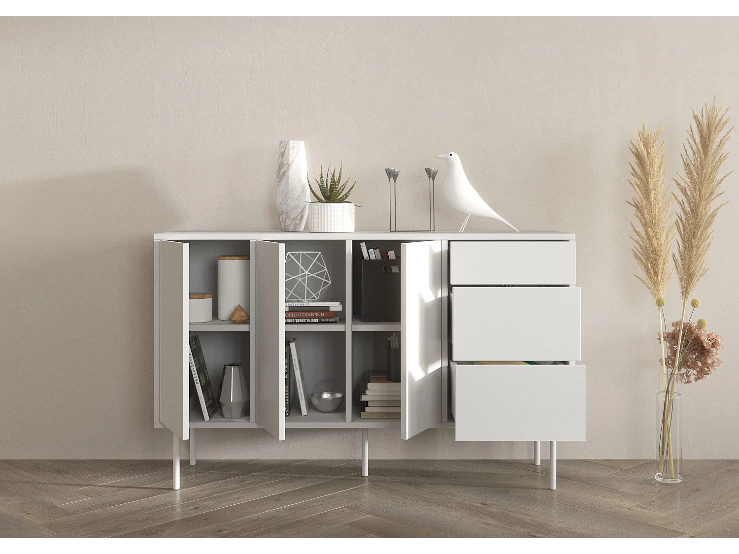 Sideboard Mirka, weiß, push to open system, minimalistisch