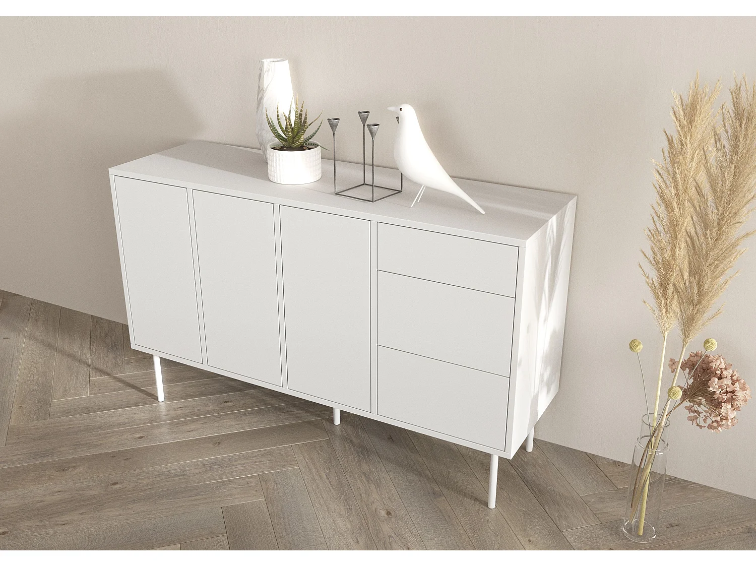 Sideboard Mirka, weiß, push to open system, minimalistisch