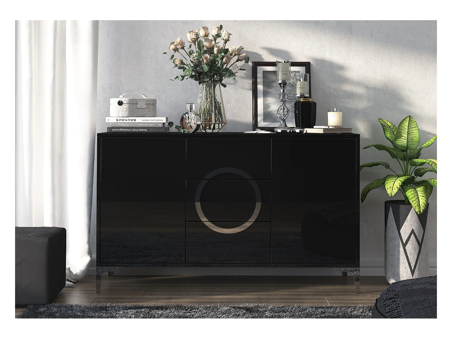 Sideboard Eva, schwarz, silberne akzente, hochglanz