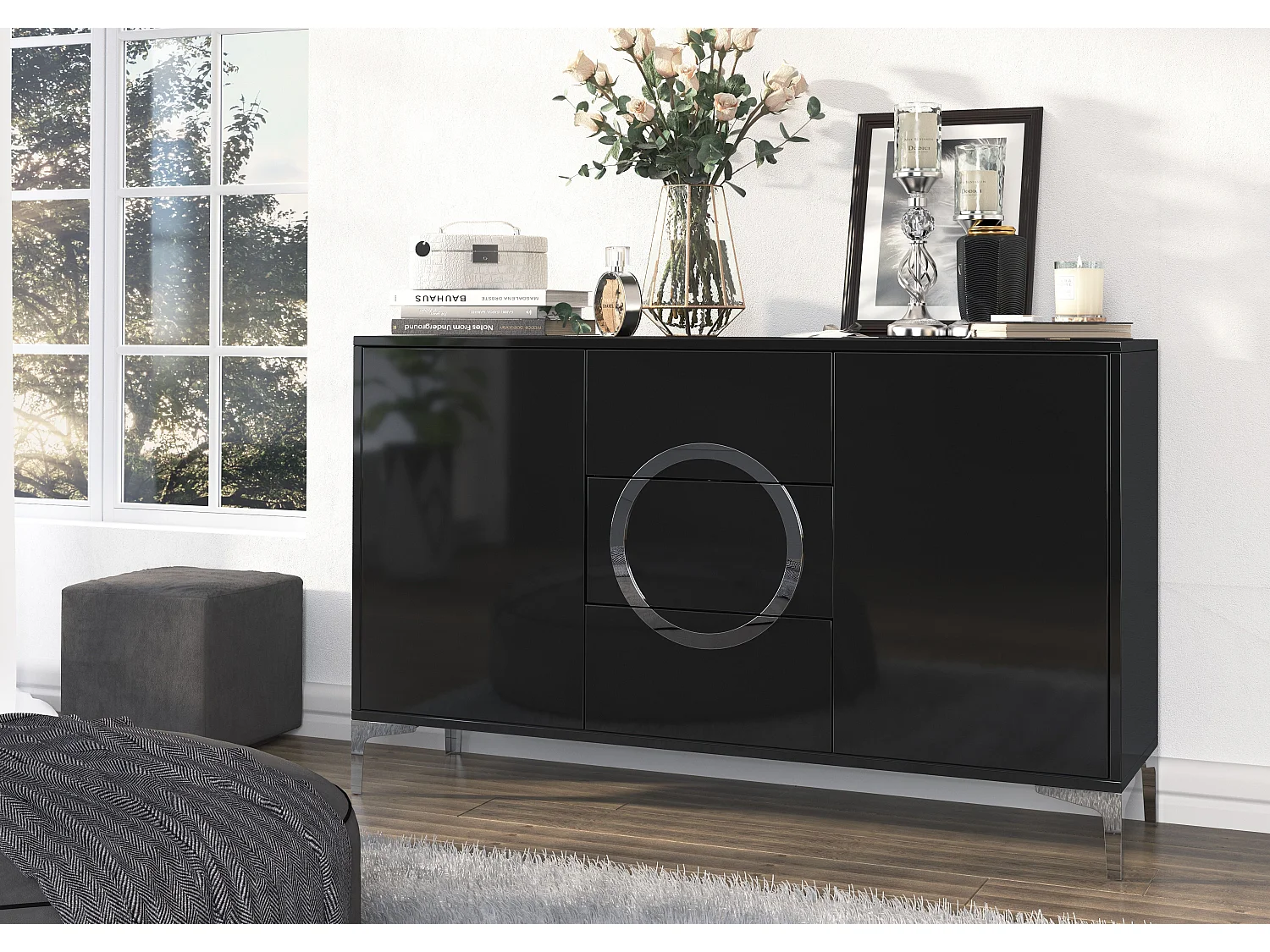 Buffet moderne noire EVA / brillant / 138 cm