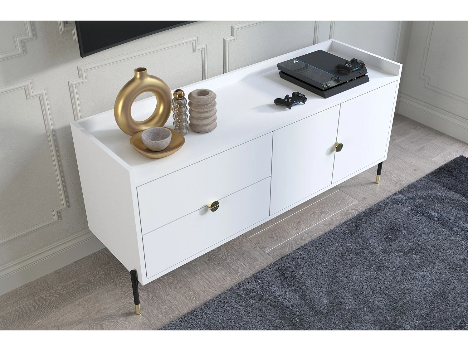 Sideboard Iga, weiß, goldene details, schwarz metallsockel