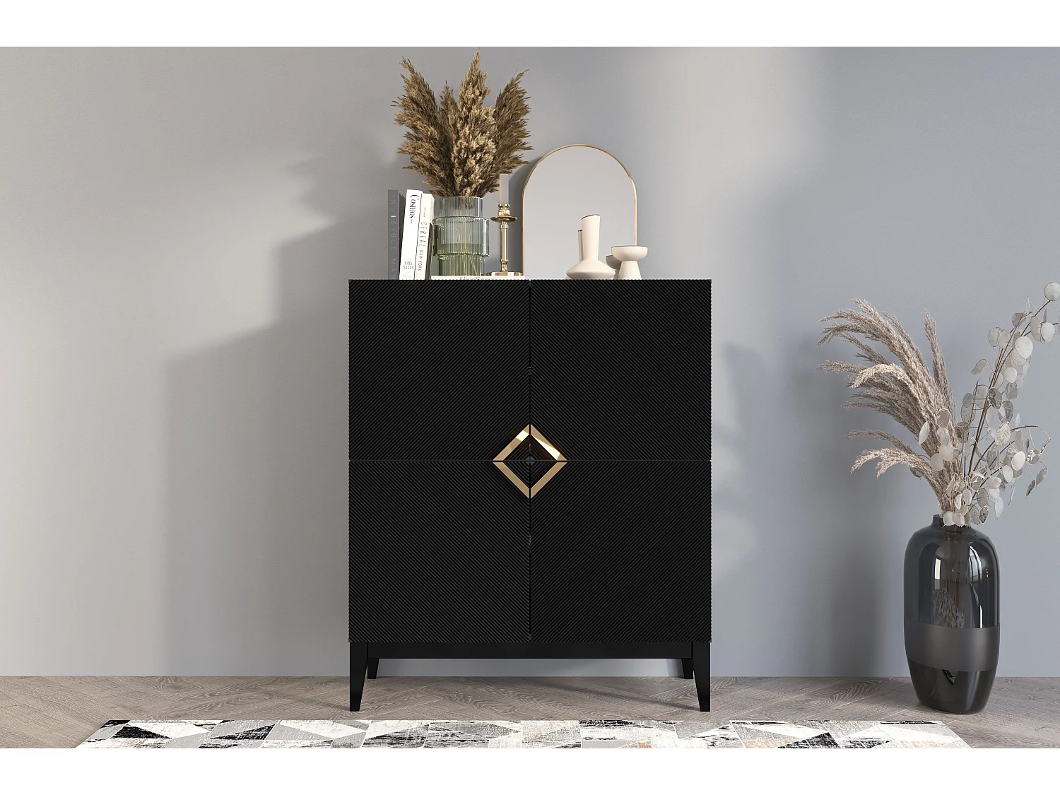 Highboard Demi high, schwarz-gold, mit gefrästen fronten, massive buche