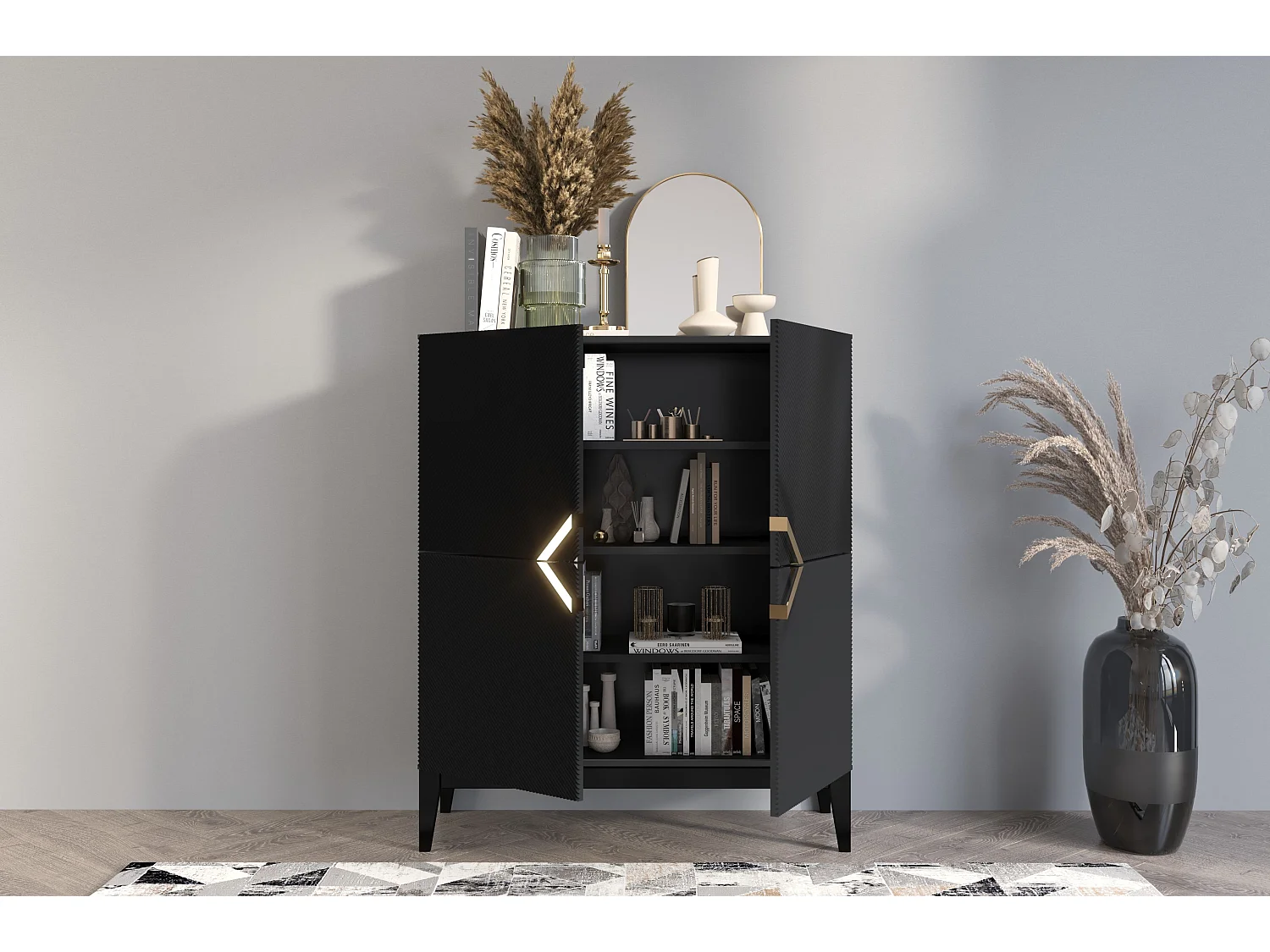 Highboard Demi high, schwarz-gold, mit gefrästen fronten, massive buche