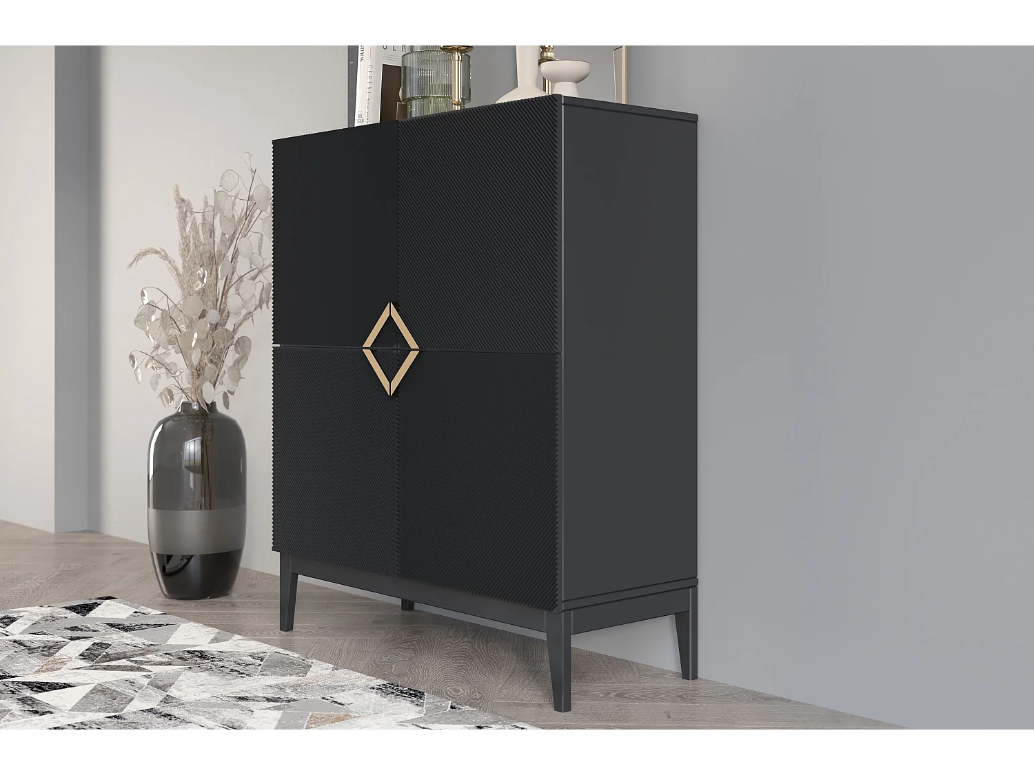 Highboard Demi high, schwarz-gold, mit gefrästen fronten, massive buche