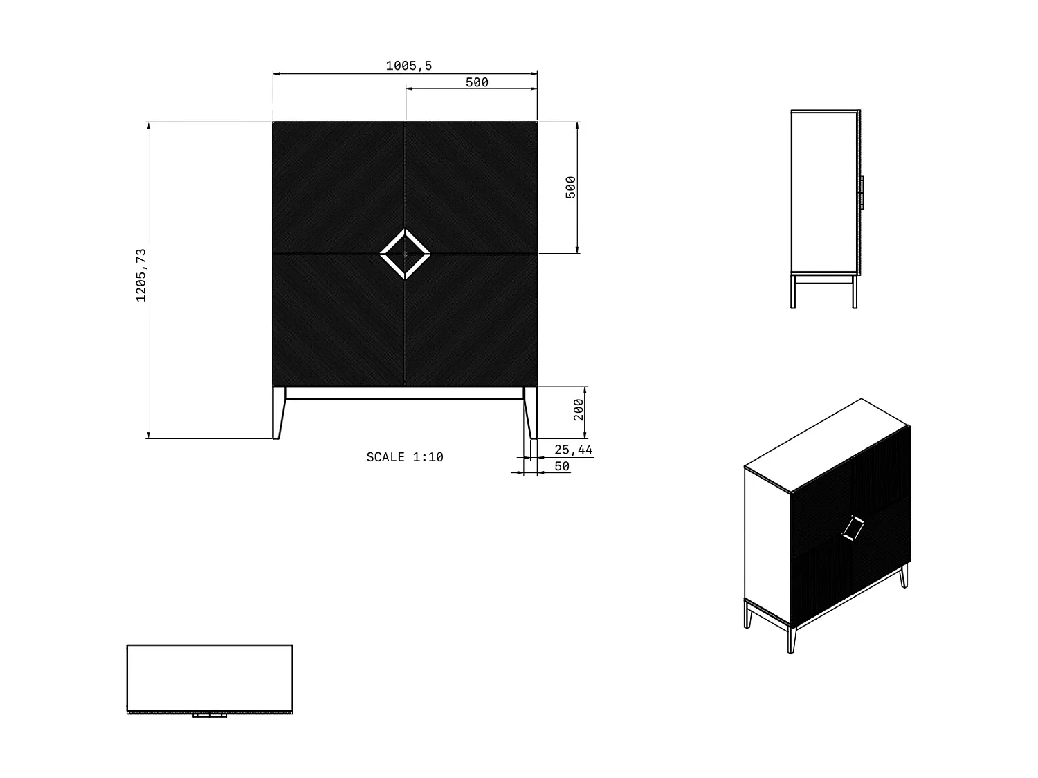 Highboard Demi high, schwarz-gold, mit gefrästen fronten, massive buche