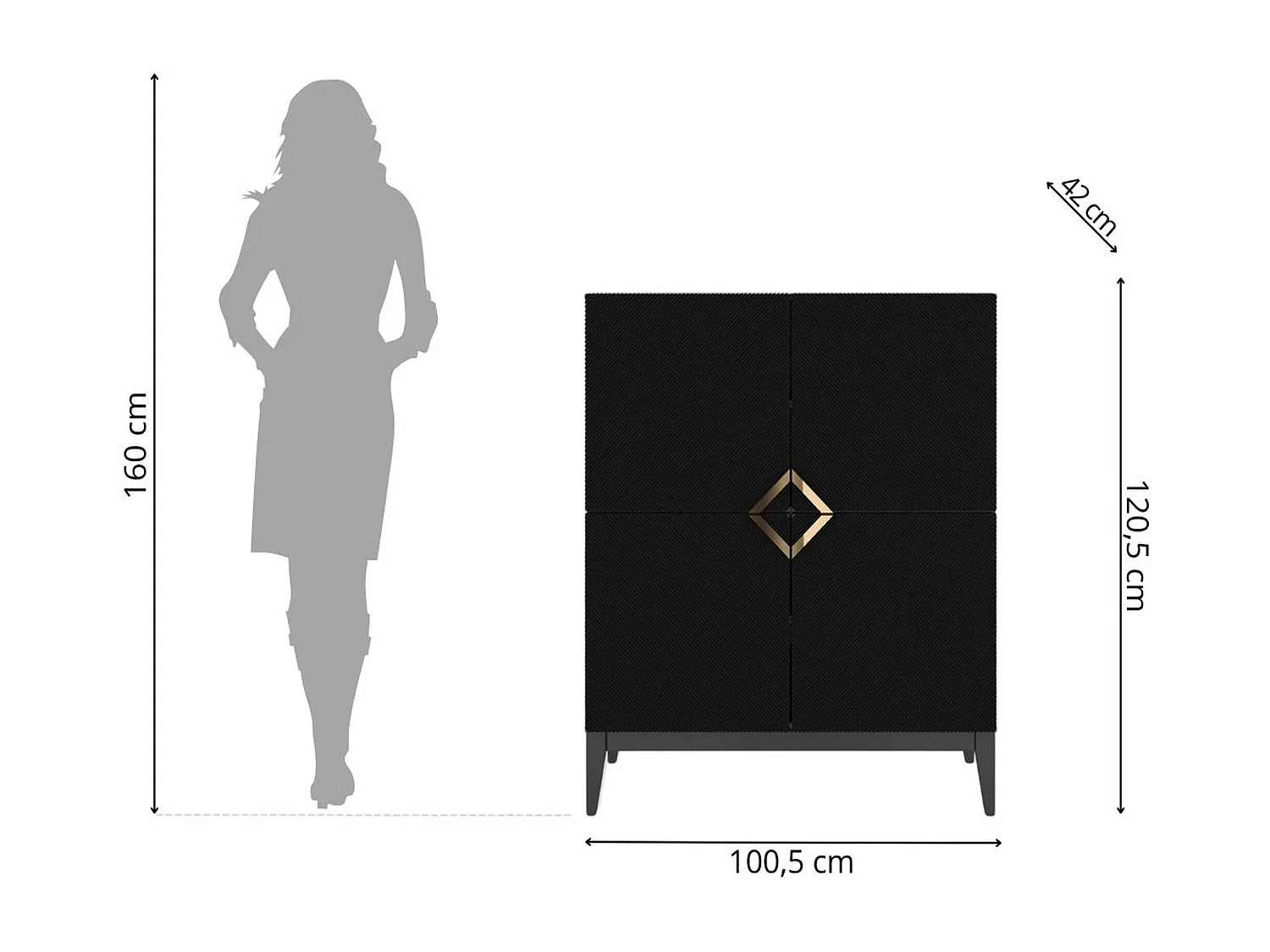 Highboard Demi high, schwarz-gold, mit gefrästen fronten, massive buche