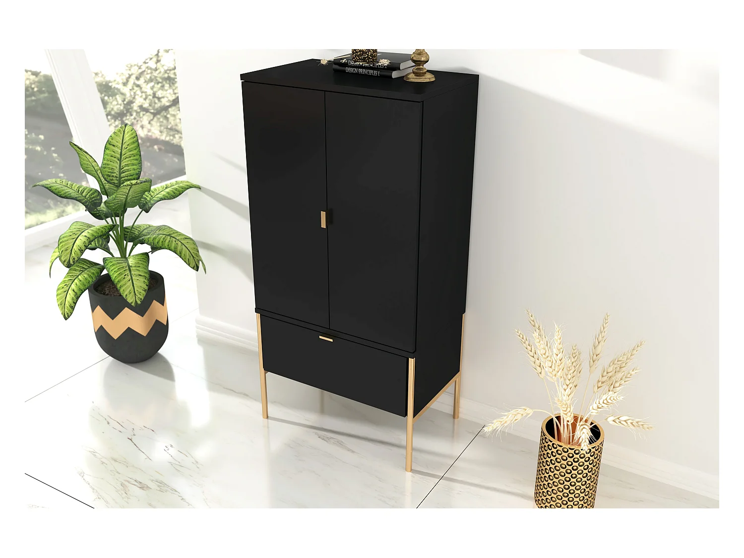Wysoka czarna komoda Skandica POLKA na złotych nóżkach