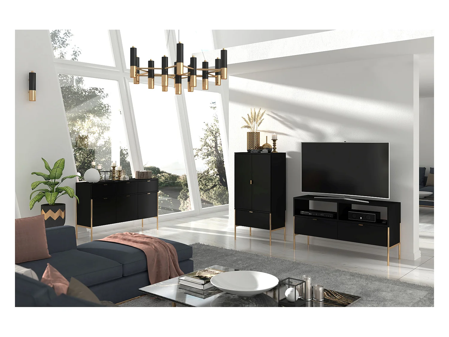 Wysoka czarna komoda Skandica POLKA na złotych nóżkach