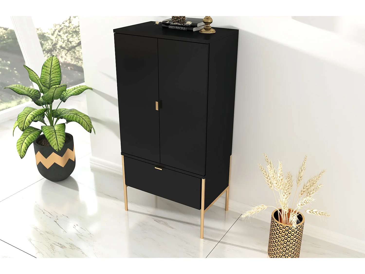 Highboard Polka, schwarz, goldene details