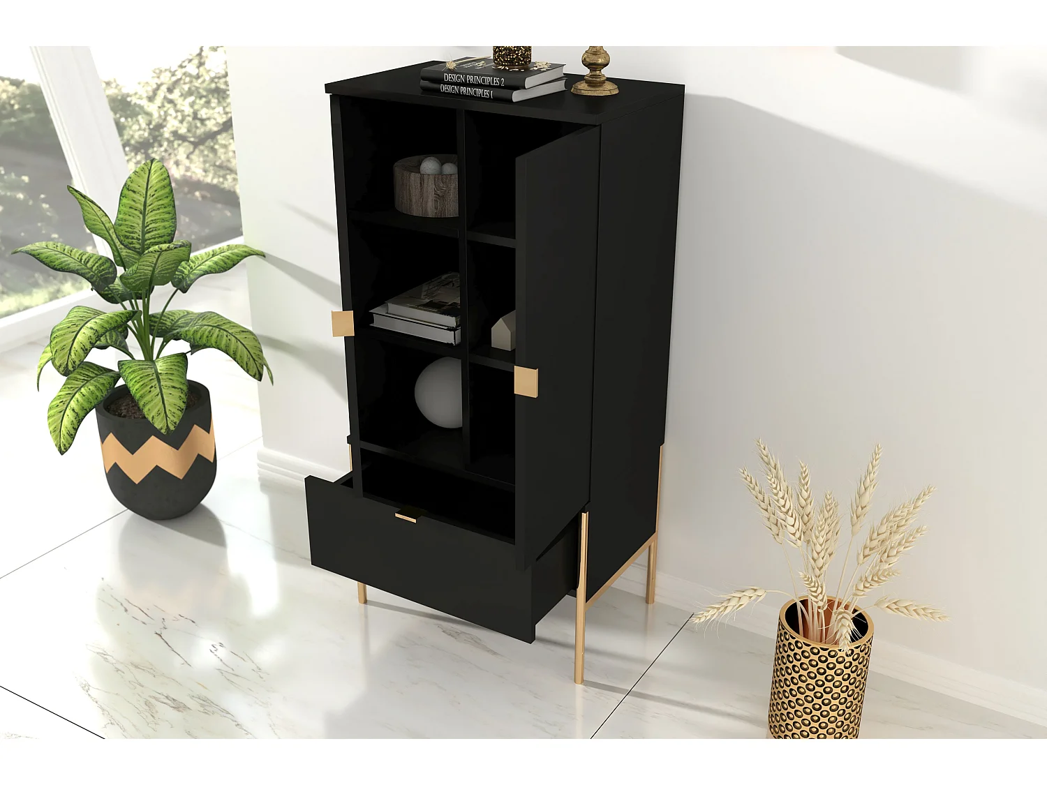 Highboard Polka, schwarz, goldene details