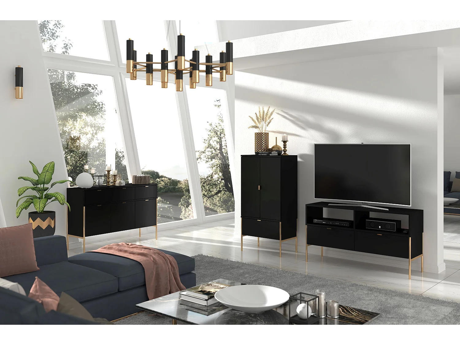 Highboard Polka, schwarz, goldene details