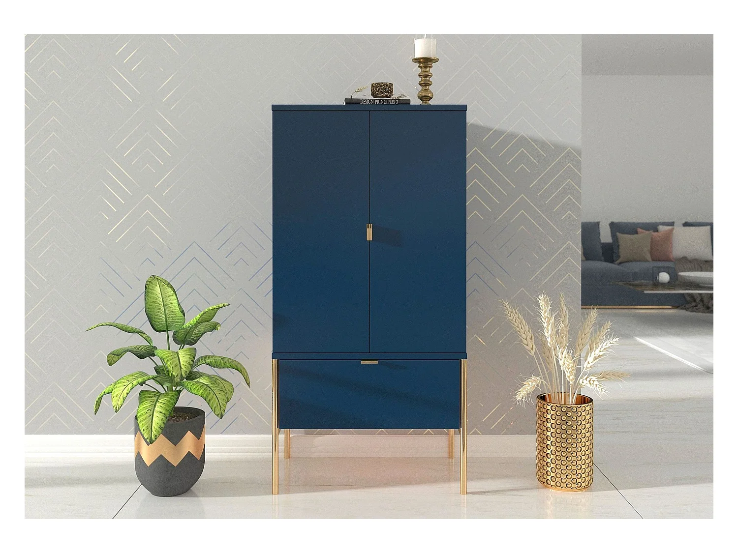 Highboard Polka, marineblau, goldene details