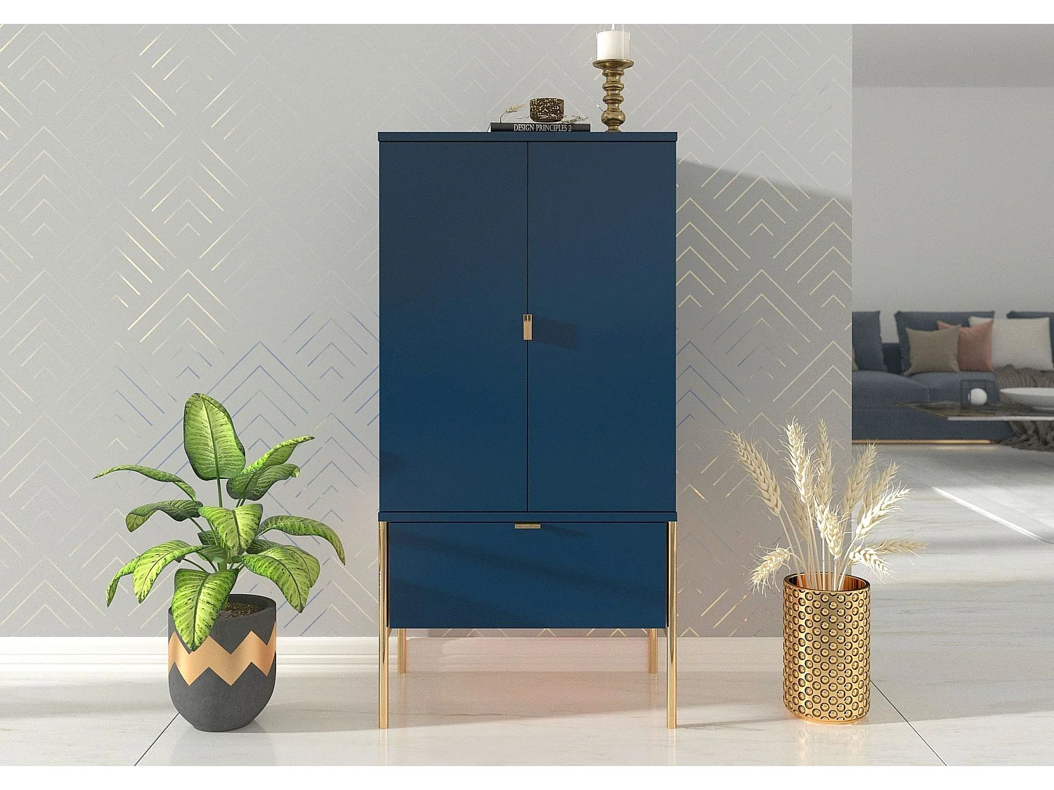 Highboard Polka, marineblau, goldene details